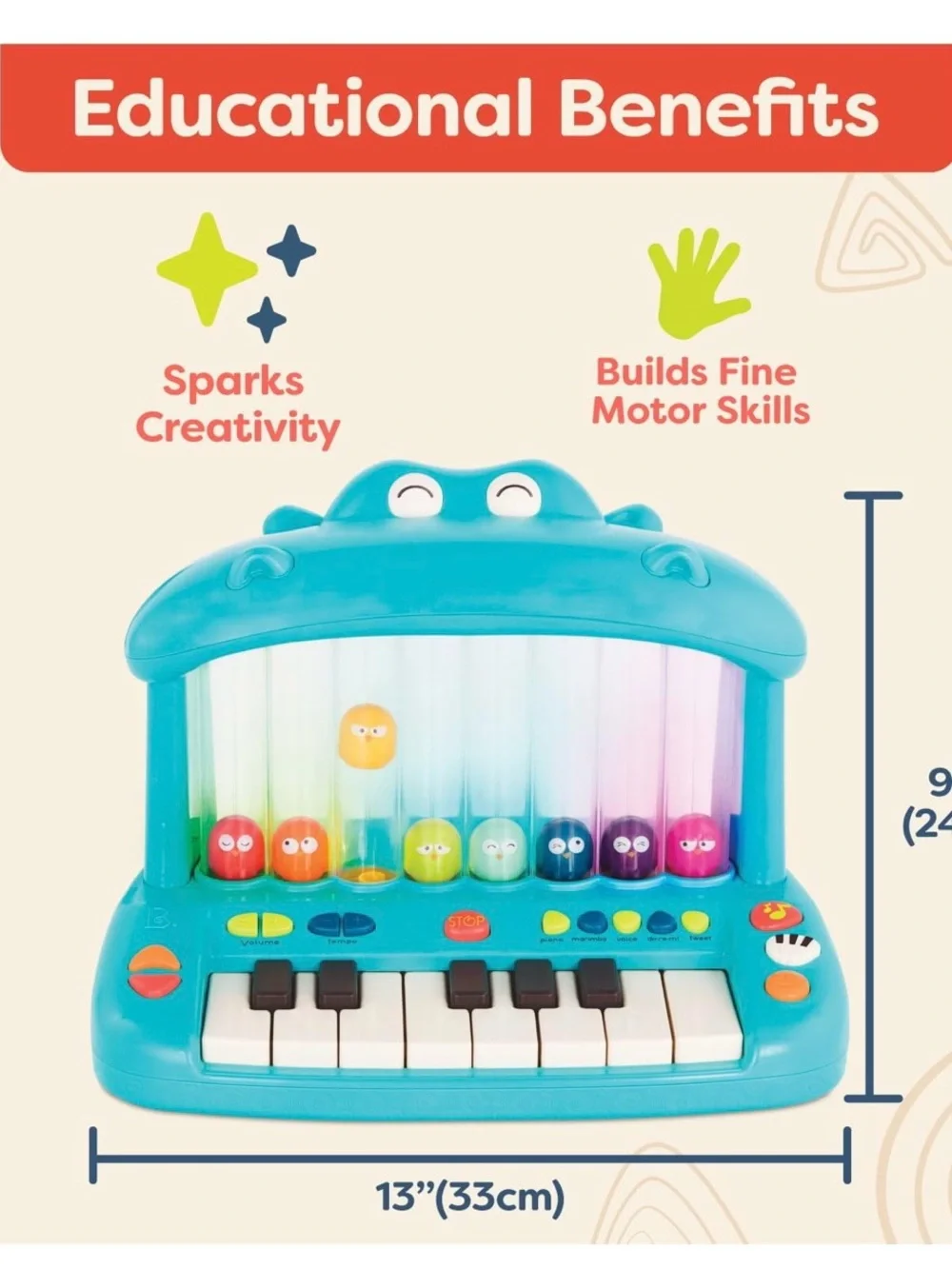 B. Toys hippo piano musical toy lights, sounds songs for baby & toddler